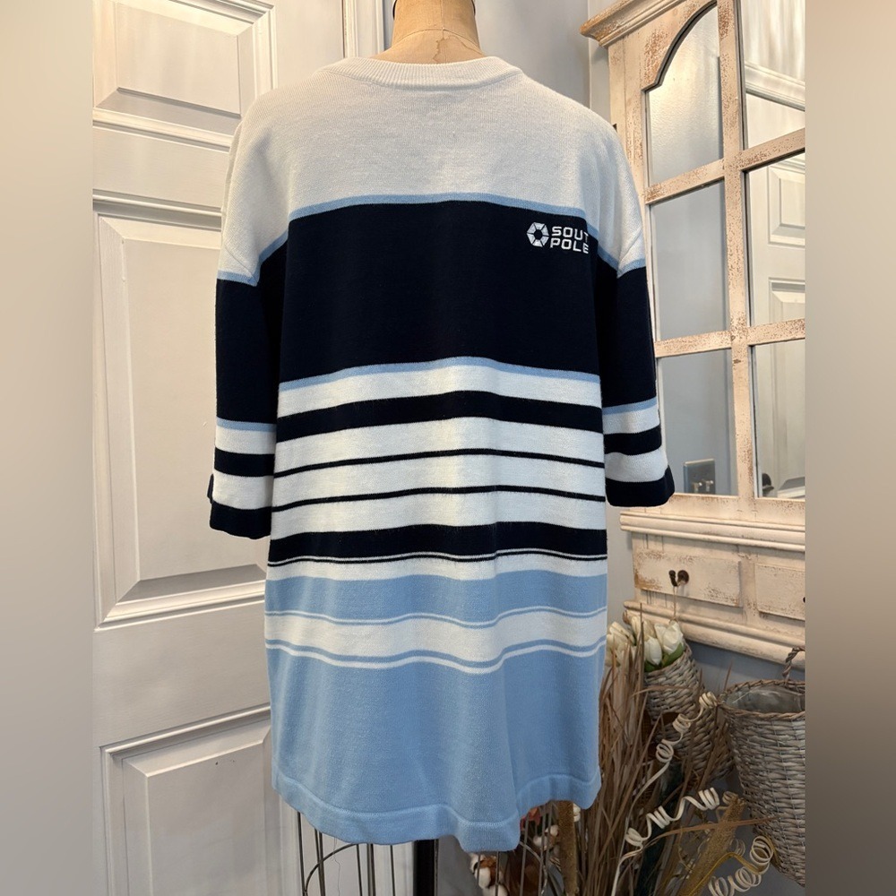 Southpole Mens Vintage Striped‎ Short Sleeve Knit Sweater Navy Blue White Large